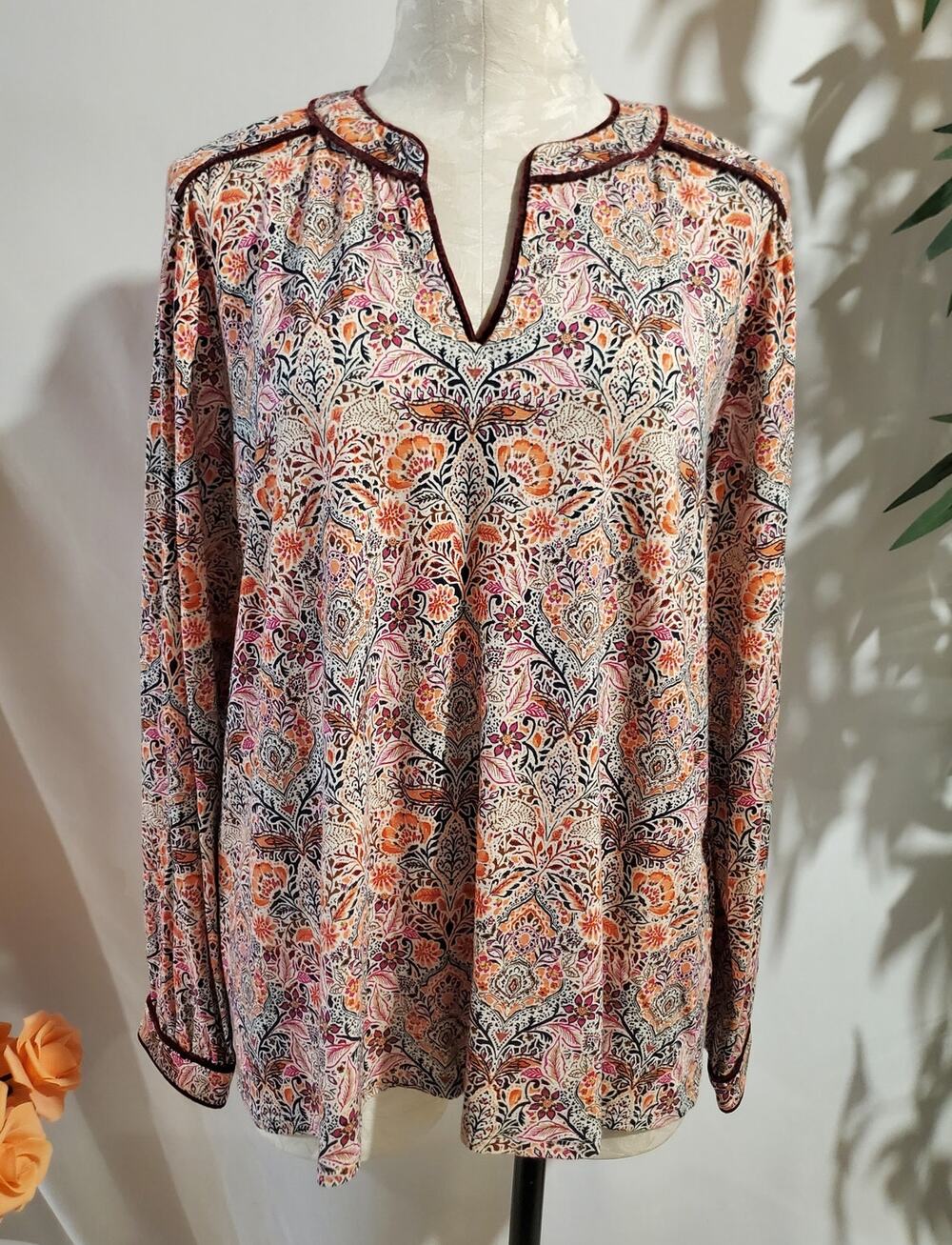 J Jill Paisley Floral Kaleidoscope Velvet Trim Long Sleeve Blouse Size L Comfort